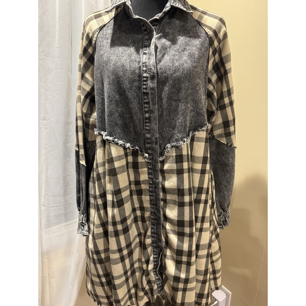 Veveret Plaid Denim Colorblock Shirt Dress Collared Button Front Fringe L